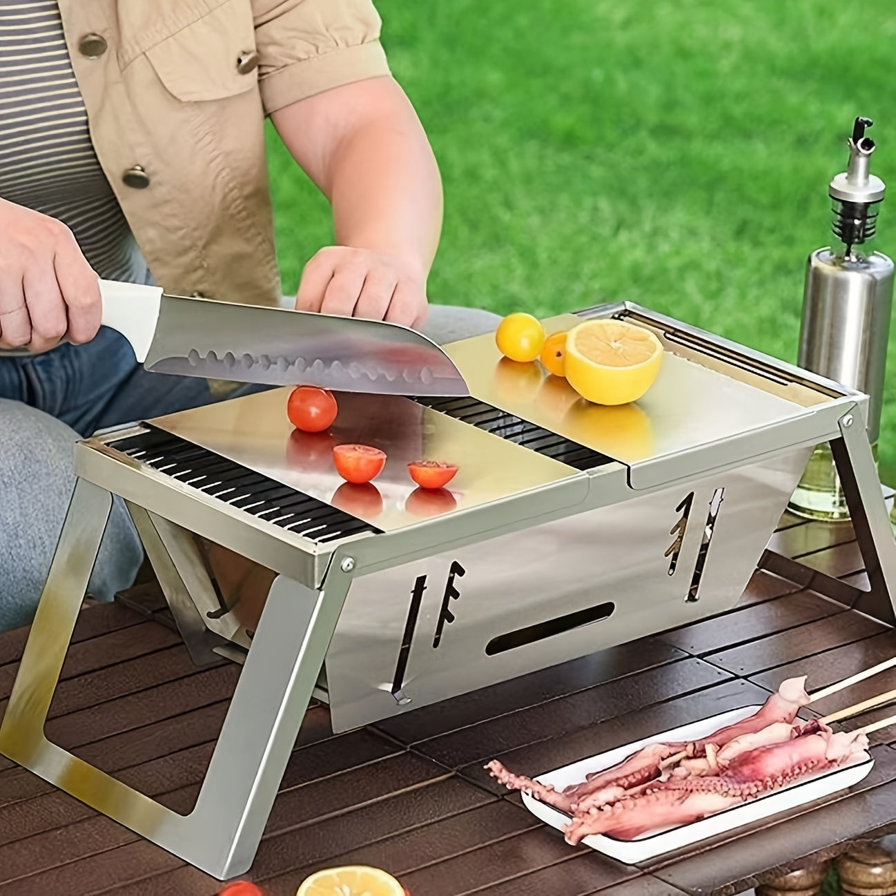 1 set of stainless steel outdoor charcoal grill, small folding carbon skewer stove for household use, also suitable for BBQ.