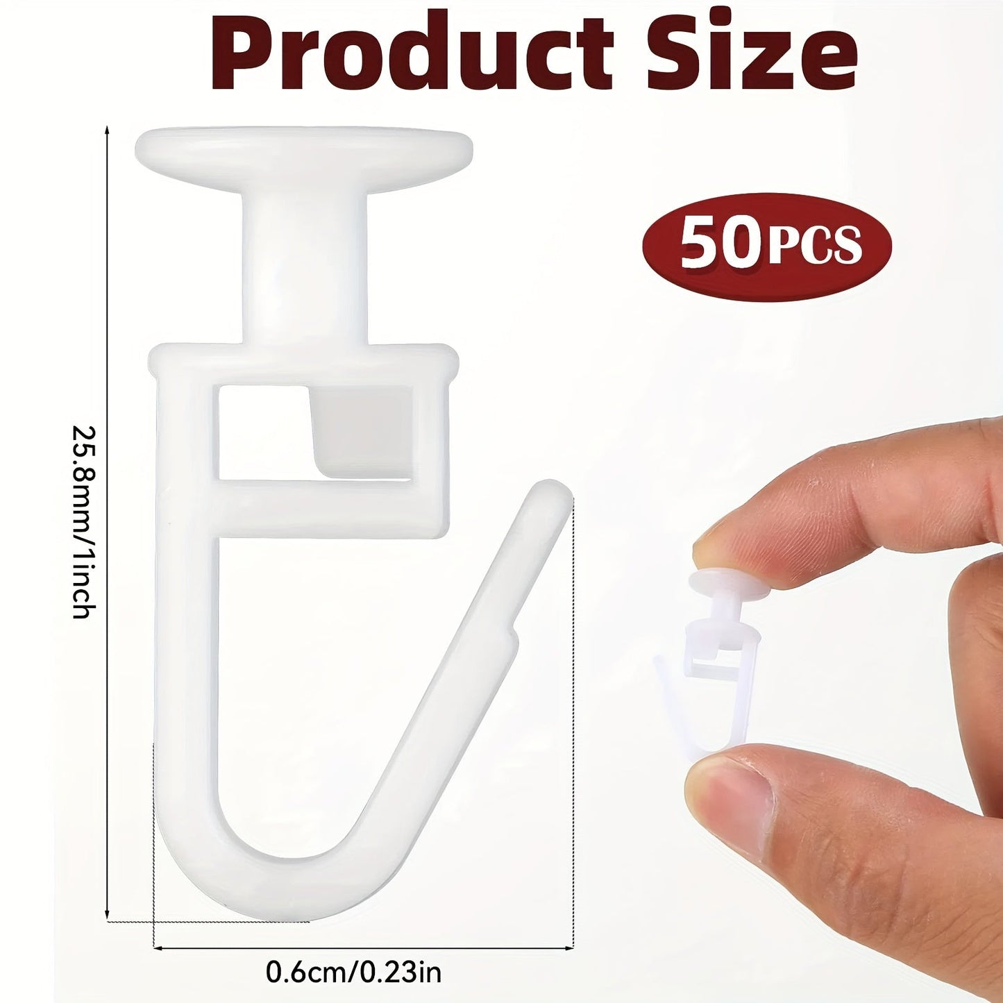 Set of 50 Art Deco Style Plastic Curtain Track Hooks in White Finish, Includes Easy-to-Use Lockable Foldable Gliders for Slide Rails, Compatible with 10mm Head Ceiling Curtain Tracks.