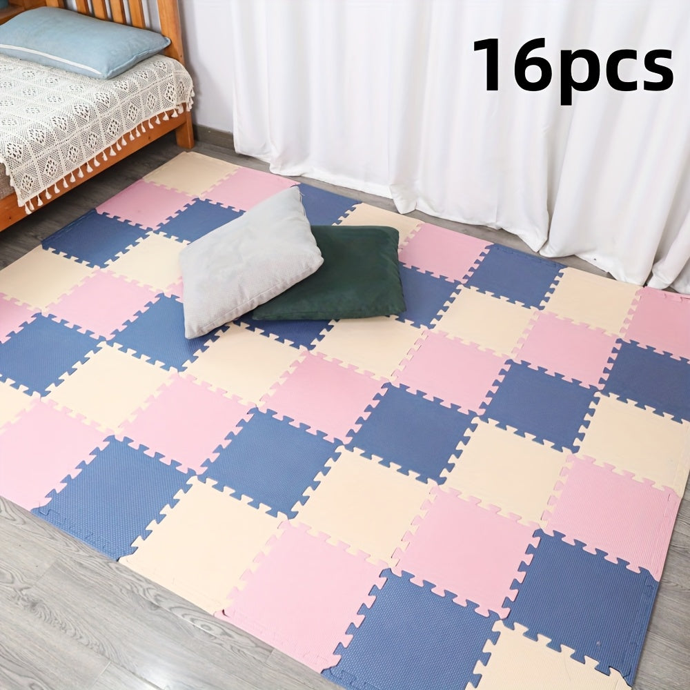 16-piece EVA Foam Play Mat in geometric patterns, available in beige, gray, navy blue, yellow, coffee, pink, and purple. Each tile is 30cm x 30cm, perfect for youngsters' room and playroom