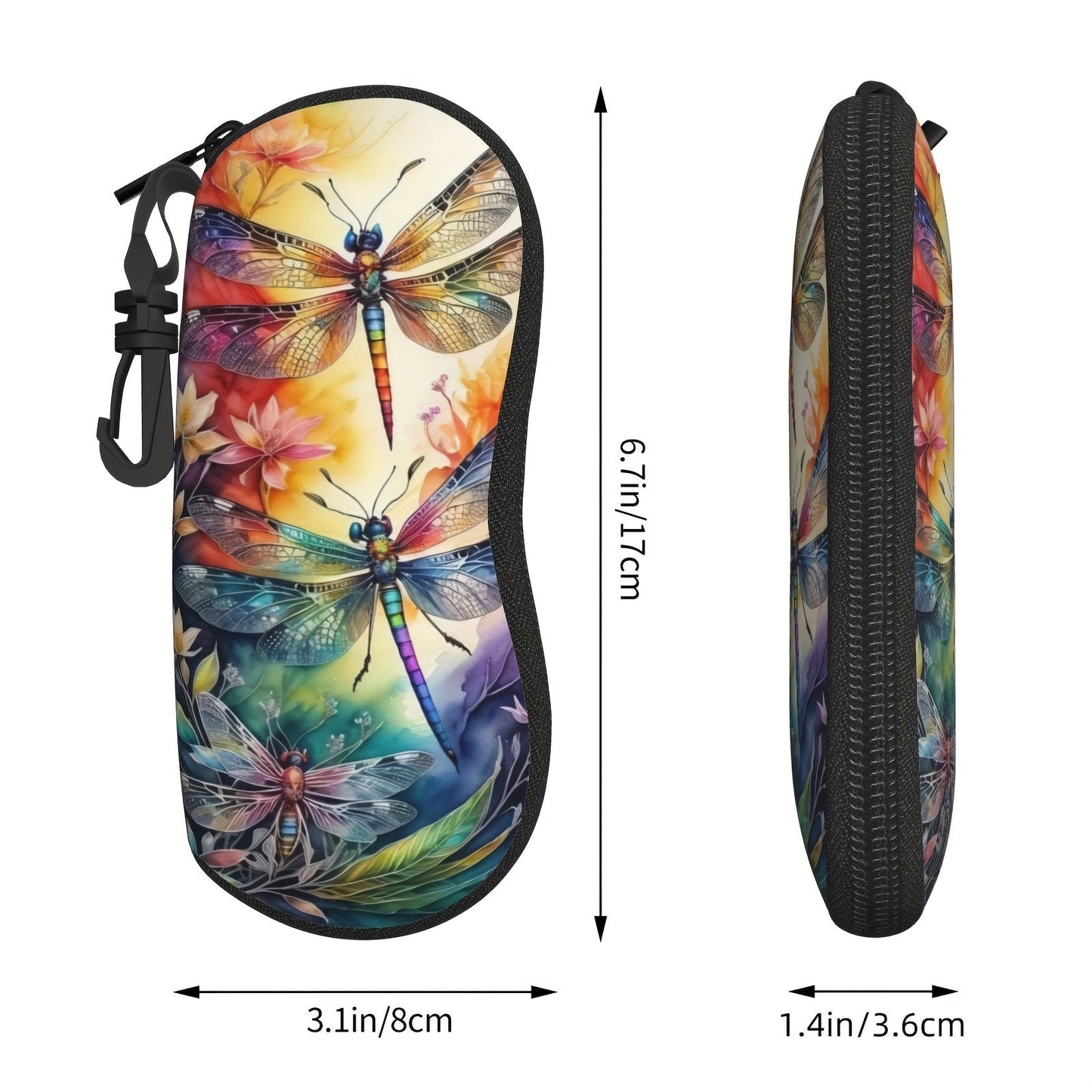 Protect your glasses in style with the Dragonfly Art Neoprene Glasses Case. This durable and soft rubber pouch features a zipper for easy access and a clip for portable convenience. Perfect for both men and women, this protective holder will keep your