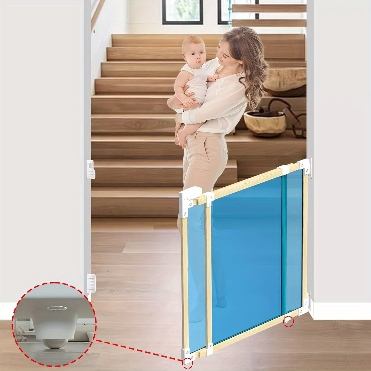 The TWO DADS Baby Gate is an expandable safety barrier for indoor use, suitable for staircases, doorways, and hallways. This puppy gate requires no assembly and can be easily installed with adhesive. It features a plastic hinge material and a sturdy