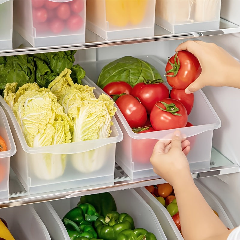 Sliding Refrigerator Organizer Bins - Set of 4, Stackable Storage Drawers for Fruits, Vegetables, Eggs, and Frozen Foods. Multi-functional Kitchen Organizer with Rolling Casters and Food-Safe Plastic Material ideal for Countertop and Sink Organization.