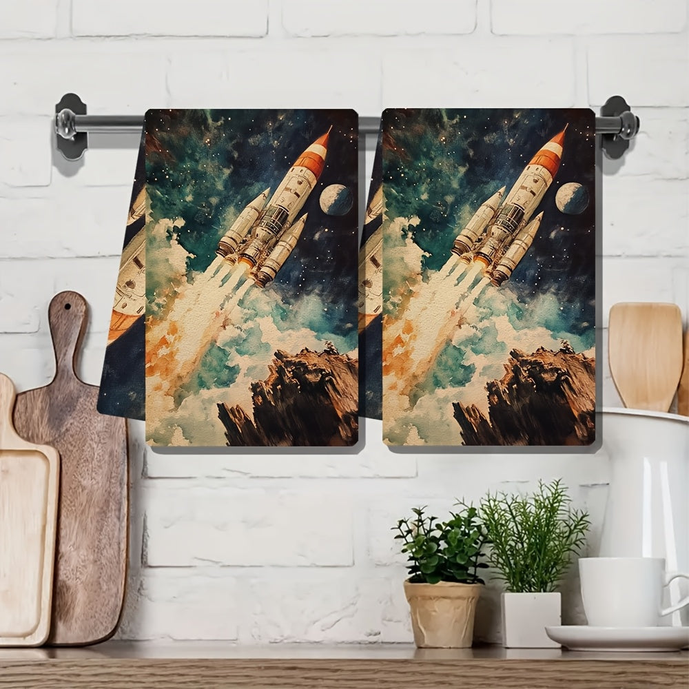 This pair of ultra-soft kitchen towels is adorned with NASA's Grand Tour of Space Tourism, making them a unique and eye-catching addition to your kitchen decor. Not only are these towels highly absorbent, but they are also machine washable for easy care.