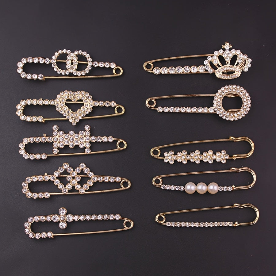 Set of 10 Elegant Brooches Featuring Faux Pearls and Rhinestones - Ideal for Adding a Touch of Elegance to Cardigans, Scarves, and Suits