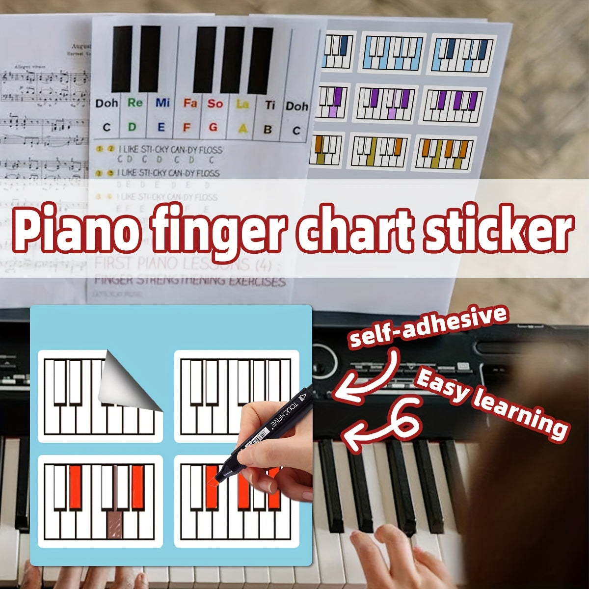 100-piece keyboard notation labels set for piano/accordion, portable, self-adhesive, ideal for music theory practice and teaching for beginners and musicians, measuring 6.1x4.06 cm.