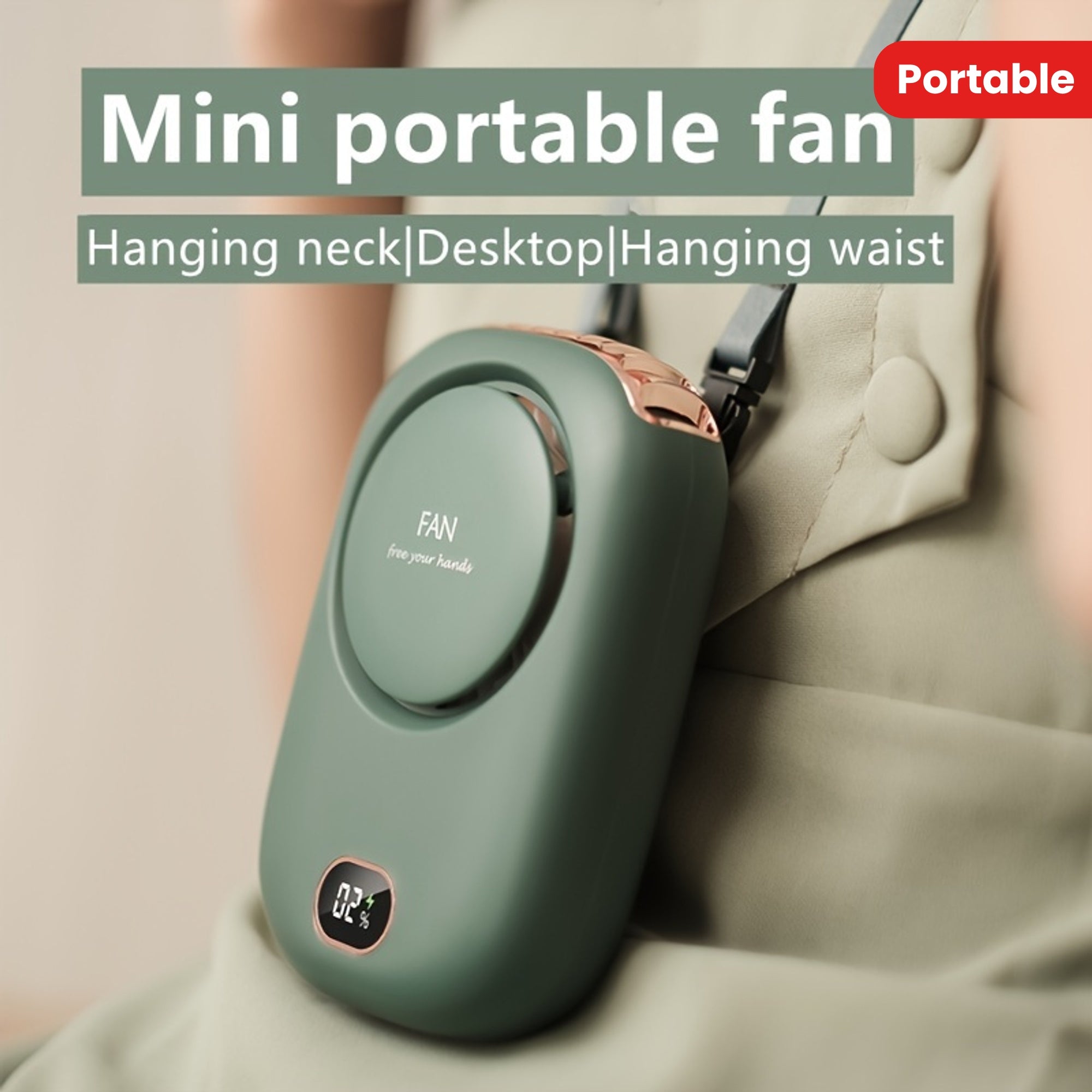 1 piece of Portable USB Fan featuring Three-Speed Large Wind Adjustment, Waist-Hanging and Desktop Stand, Power Display, and Leafless Design