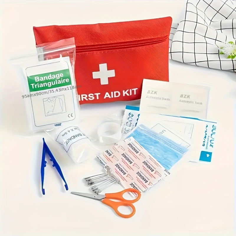 First aid kit with scissors and tweezers, portable and durable, available in 2 sizes, in red, for home, car, camping, and hiking.