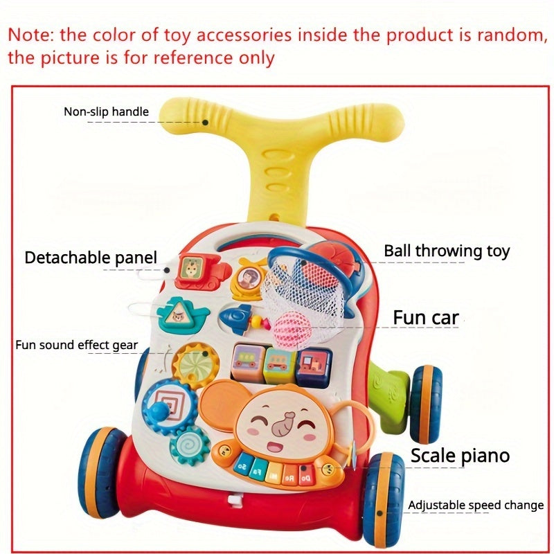 1 push walker toy set with music, gliding capabilities, anti-tumble feature, and multiple functions. Batteries not included. Color of internal toy accessories varies.