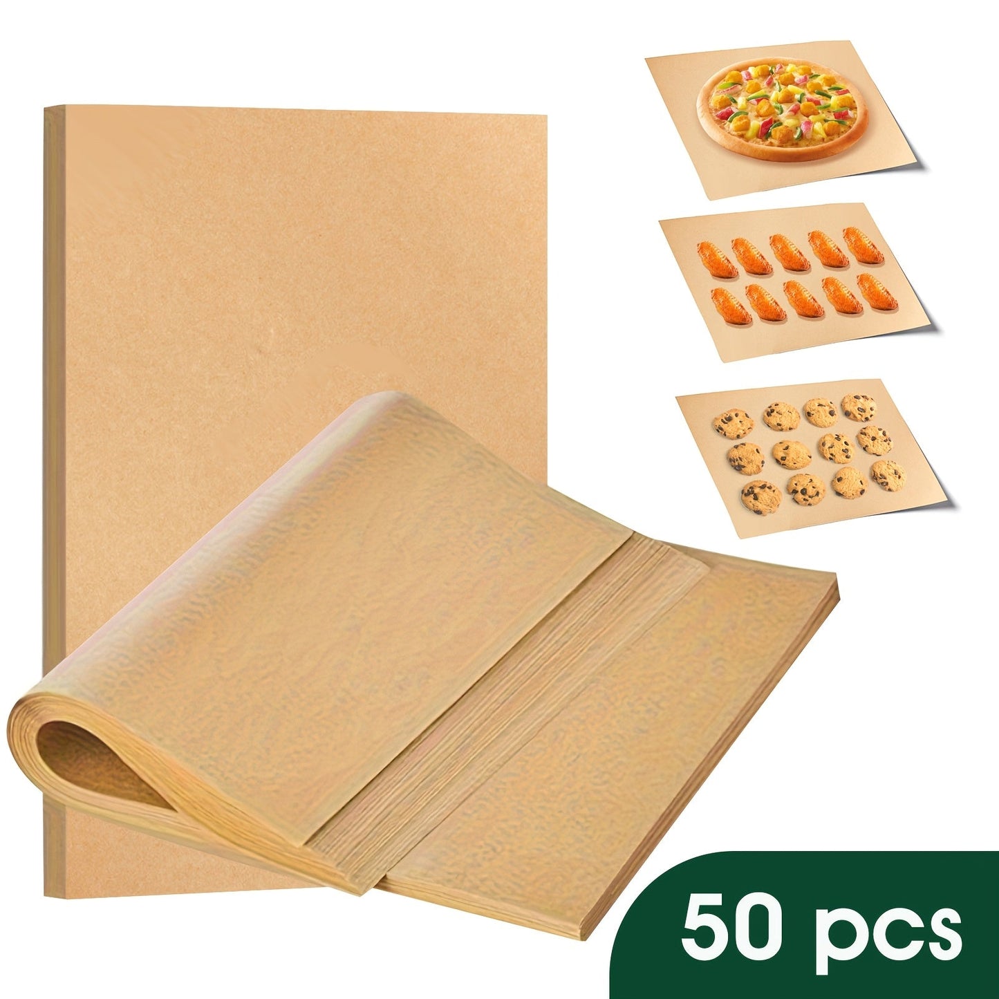 Get a 50-pack of non-stick parchment paper sheets that are lead-free and perfect for baking, cooking, grilling, frying, and steaming. These unbleached sheets are versatile enough to fit most baking trays, making them ideal for party gatherings and