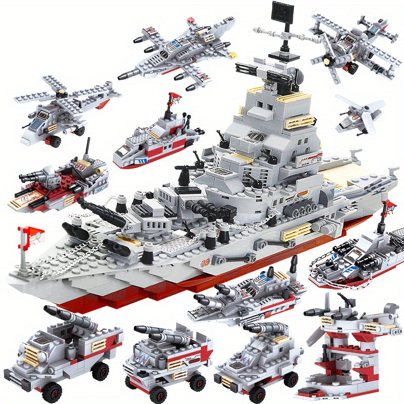 Navy War Chariot Ship & Airplane Building Blocks Set, compatible with major construction bricks, ideal for boys aged 6-8.