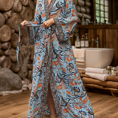 Boho Chic Plus Size Women's Long Robe with Full Print, V-Neck, Tie Waist - Ideal for Spring/Summer/Fall