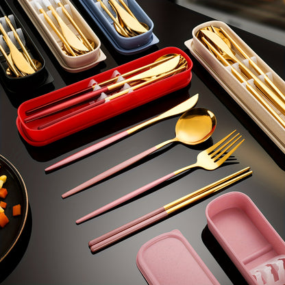 Portable 5-piece flatware set made of premium stainless steel includes knife, spoon, fork, chopsticks, and storage box. Perfect for travel, office, school, picnics, parties, and weddings. Custom sets available for families.