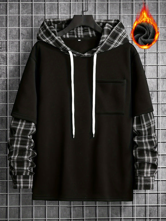 Men's plaid pattern hooded sweatshirt with pocket, perfect for spring and fall leisurewear.