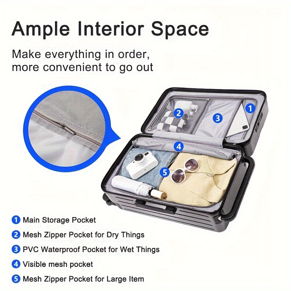 1pc Suitcase with front opening storage compartment, dry and wet separation compartment, unique wheel design, and travel password boarding feature.