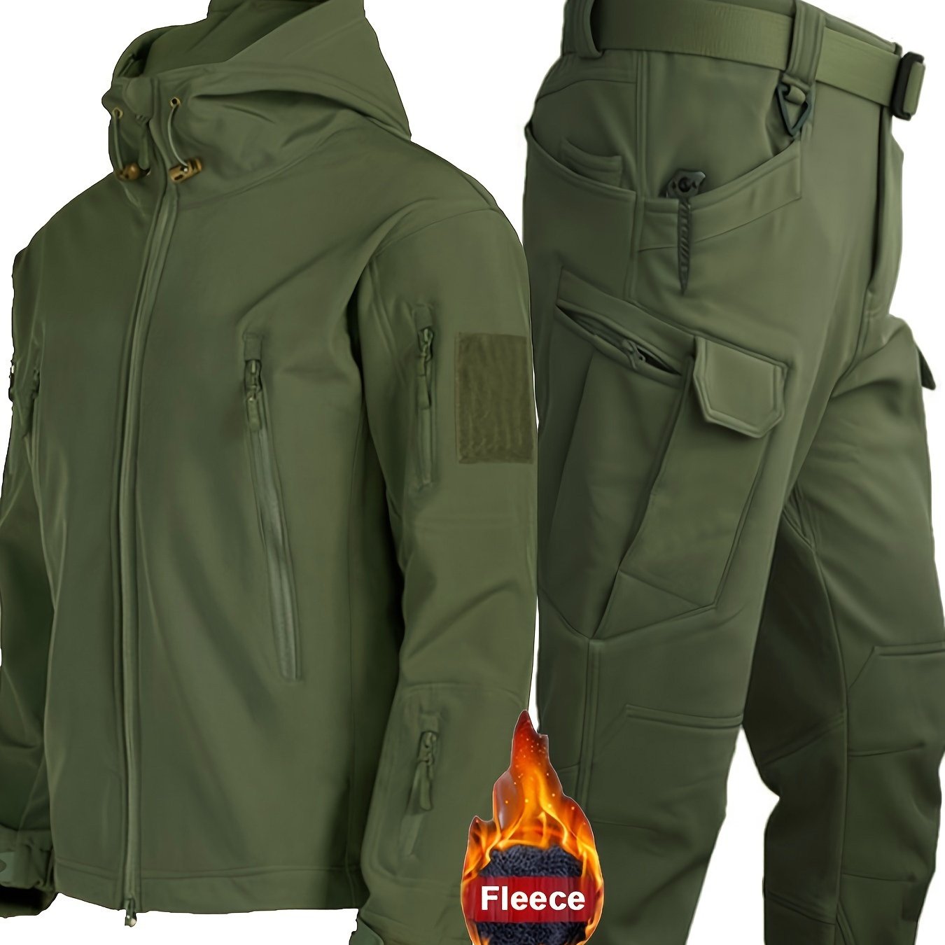 Men's Shark Skin Fleece Set: Hooded jacket + Tactical pants. Fall/Winter workwear made of Poly-Spandex blend. Solid color, loose fit.