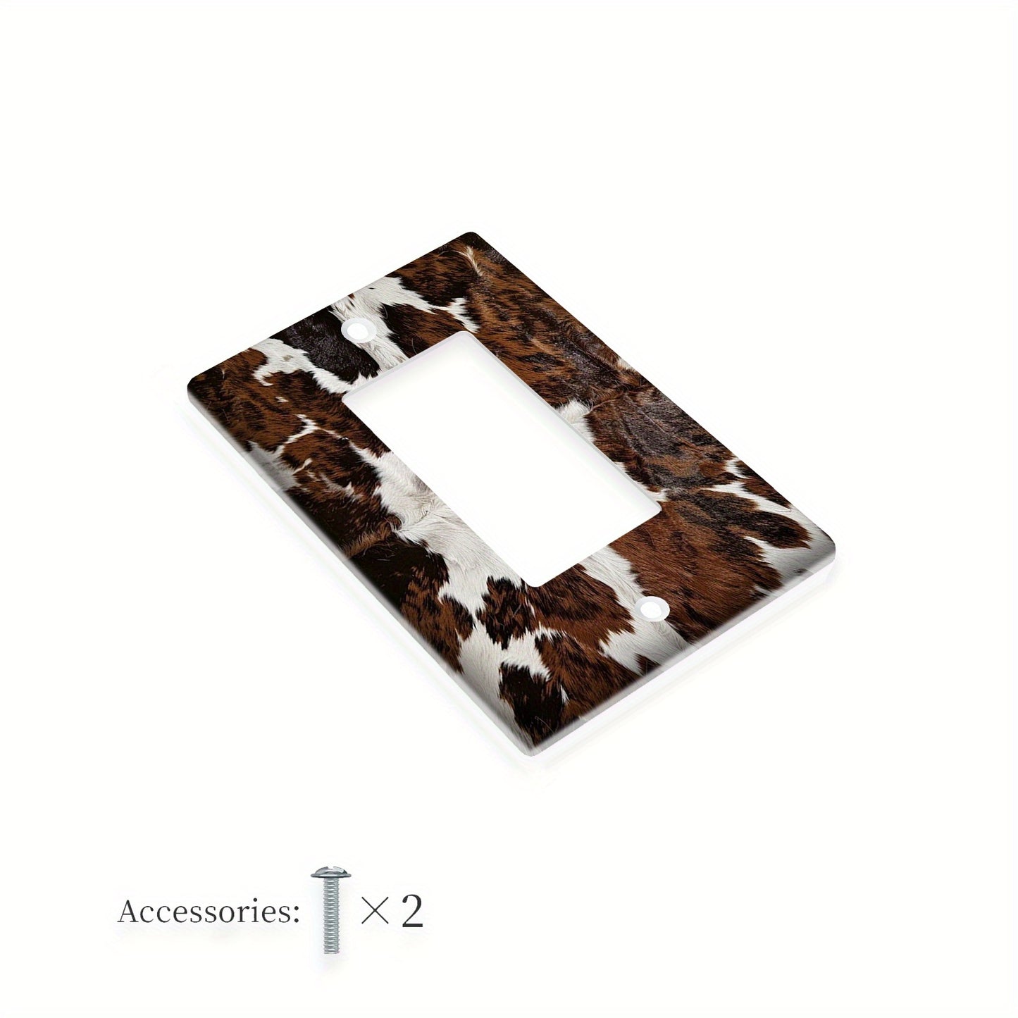 Cowhide pattern wall plate for indoor/outdoor use, fits 1-2 sockets in bedroom, kitchen, or bathroom.