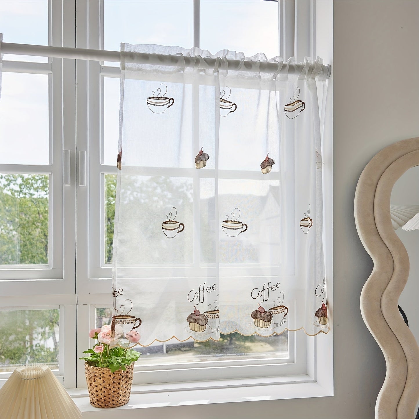 Elegant White Cafe Curtain with Delicate Embroidery - Sheer Fabric, Easy to Hang Rod Pocket for Stylish Kitchen and Living Room Decoration