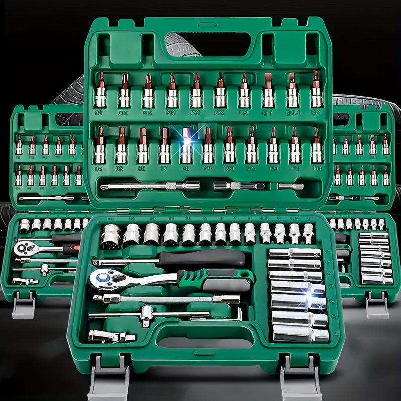 46-piece Ratchet & Socket Wrench Set in 1/4" Drive, Includes Extension Bar, Ideal for Auto Repair - Strong Metal Build, Light Green Color