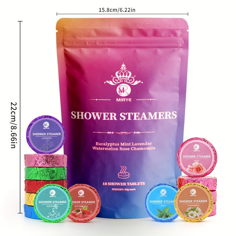 Gift set of 18 assorted shower steamer tablets in watermelon, rose, lavender scents. No-electricity vaporizers for bath time relaxation. Perfect Christmas or Valentine's gift for family, friends, or wife.