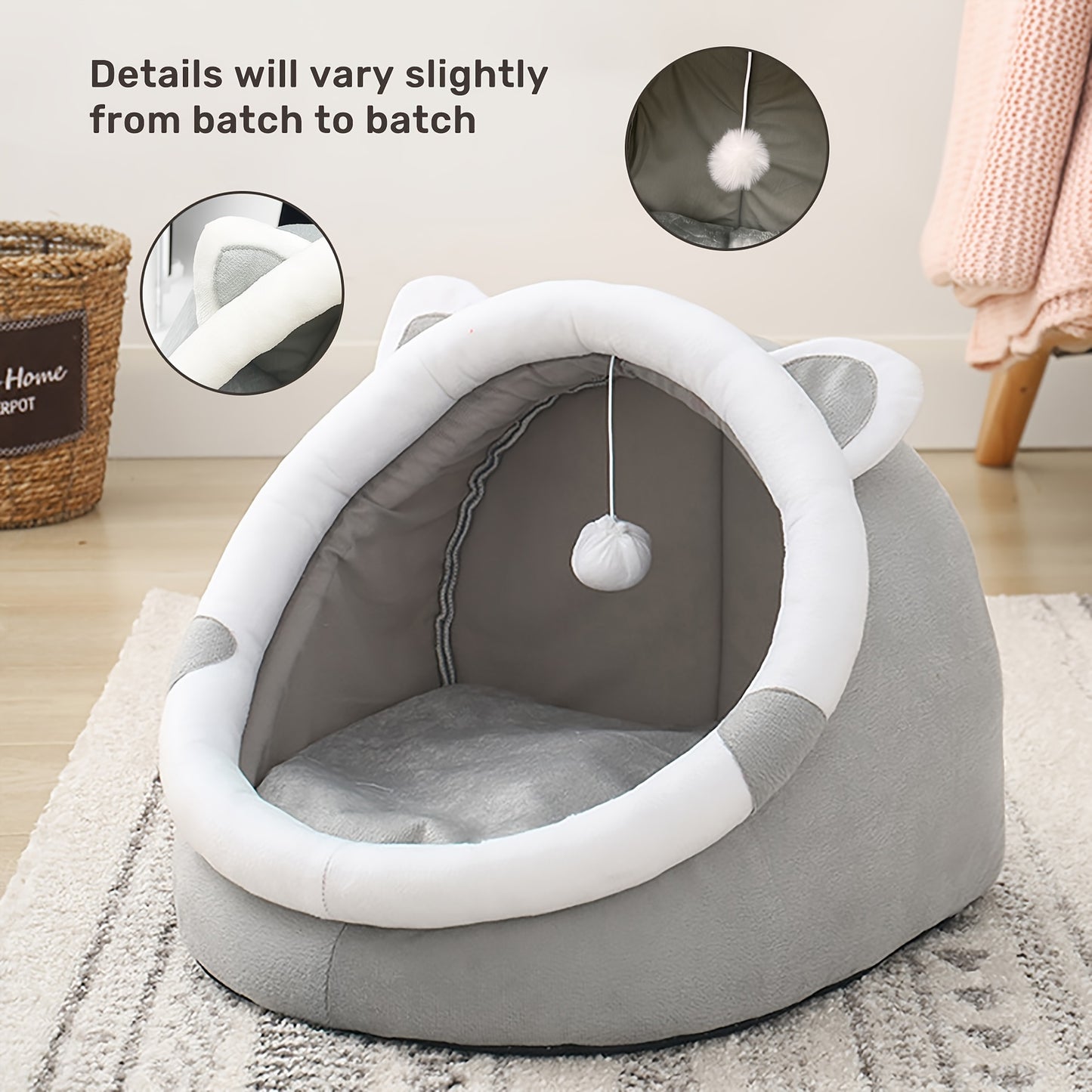 Convertible grey cat ear pet bed made of polyester fiber material. Suitable for small to medium cats and dogs. All-season indoor sleeping lounge with dangling ball toy.