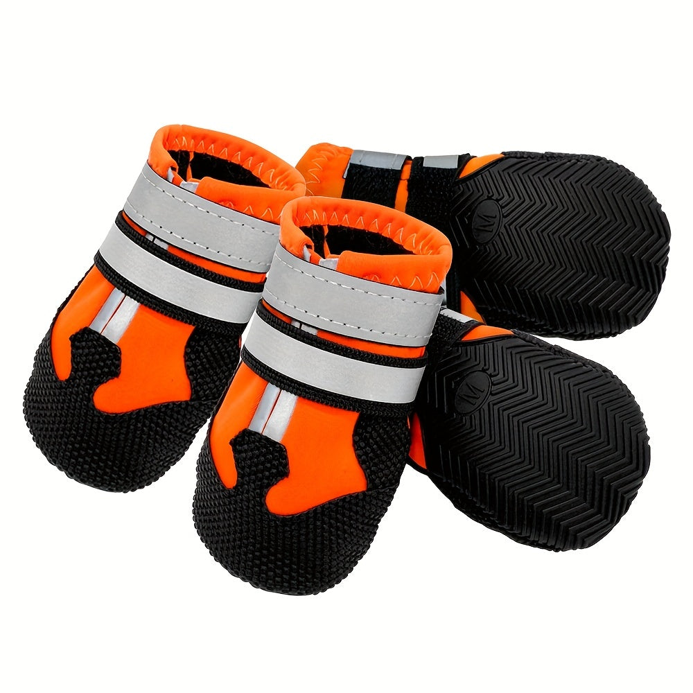 4 waterproof dog boots with reflective straps keep your dog's paws safe and dry.