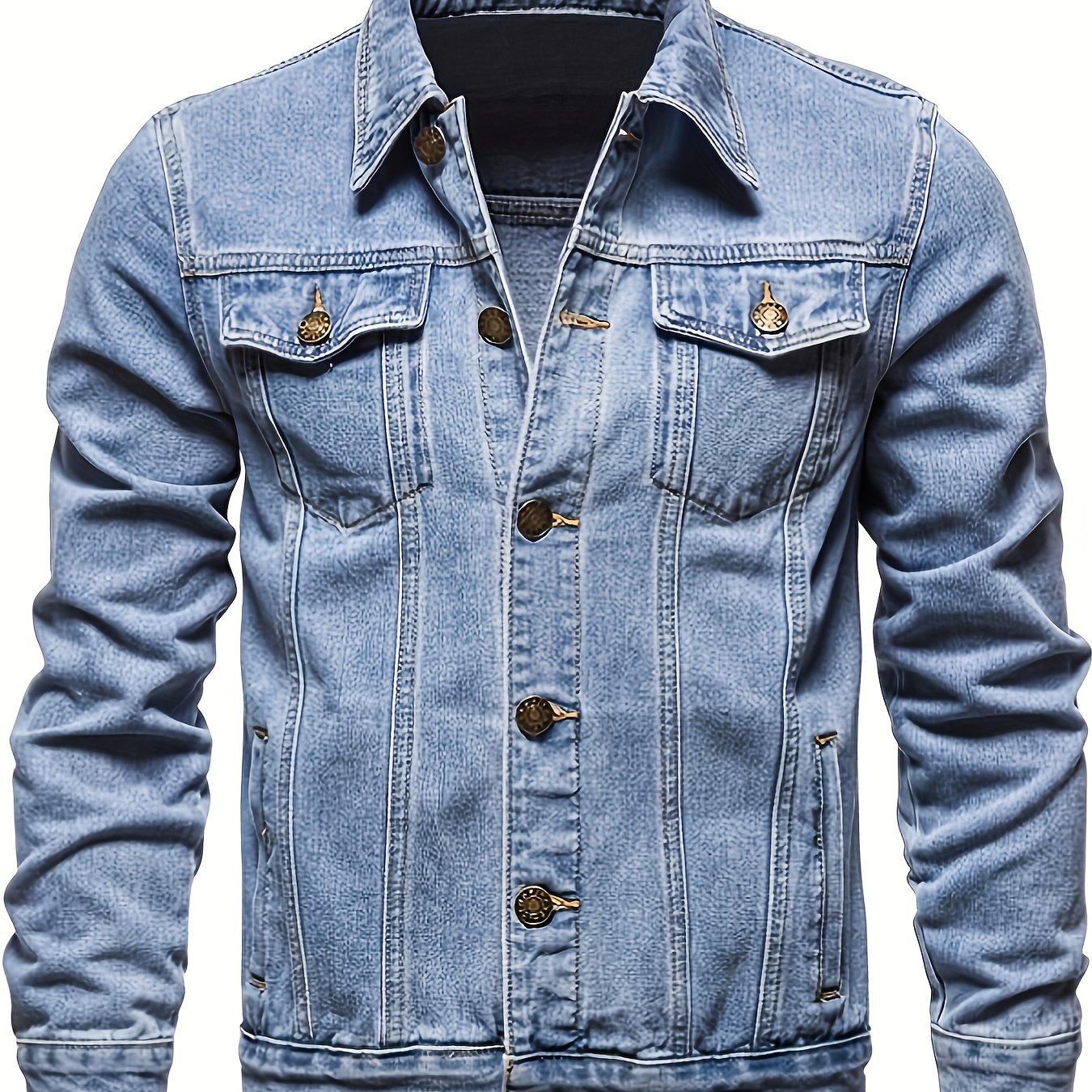 Men's casual street style denim jacket with multiple pockets.