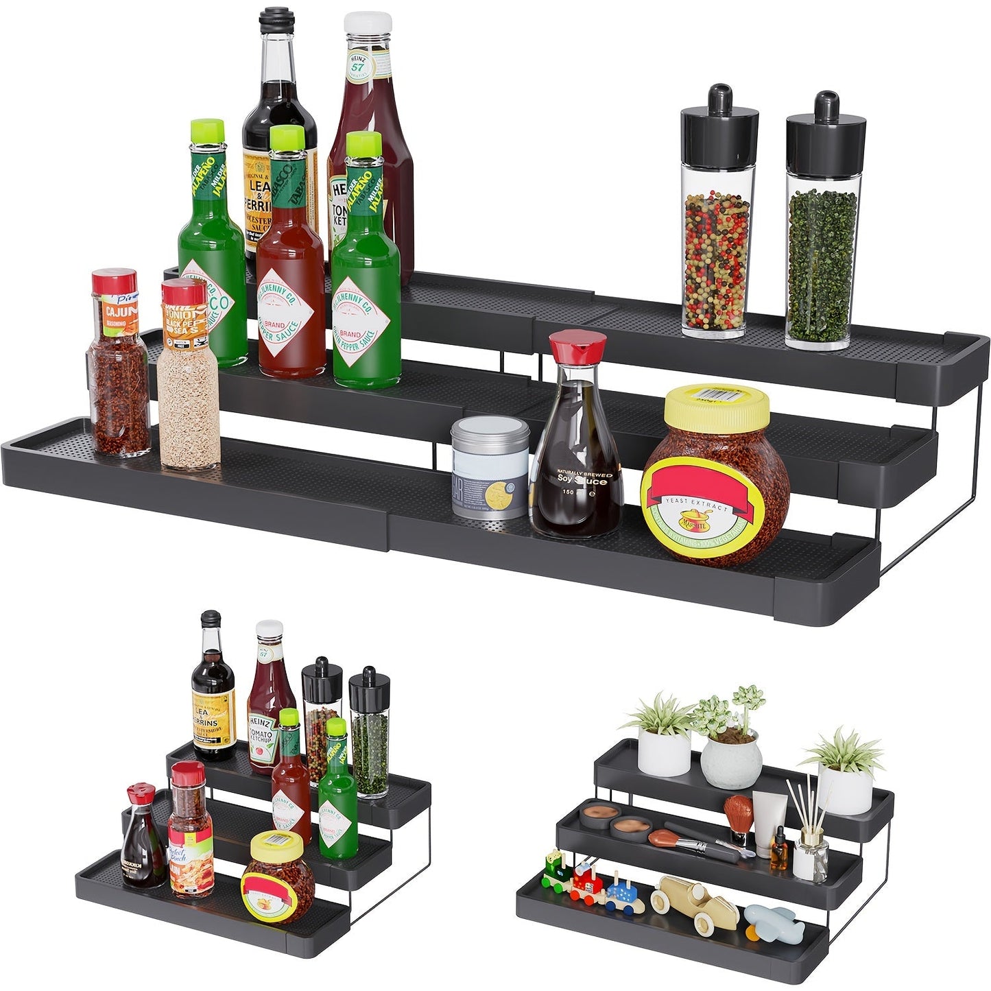 Expandable spice storage organizer, featuring 3 adjustable tiers for cabinets, countertops, cupboards, pantries, and shelves. Ideal for kitchen organization and storage, complete with kitchen accessories.