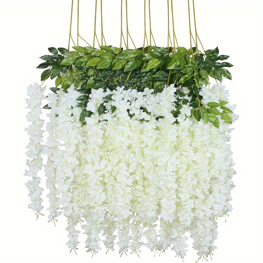 12 artificial wisteria garlands bring garden style to wedding parties and outdoor ceremonies without feathers.