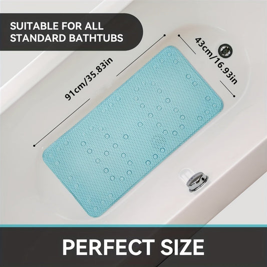 Non-slip bath tub mat made of soft foam with suction cups for pet-friendly use. Features an Americana style design with drain holes for slip-resistance. Easy to clean as it is machine washable. Made of a blend of ivory polyester and plastic, it fits