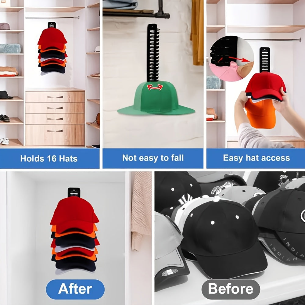 Black Plastic Hat Organizer with Wall Mount for Baseball Caps - No-Drill Storage Rack with Adhesive Hooks for Easy Hanging of Duckbill Caps