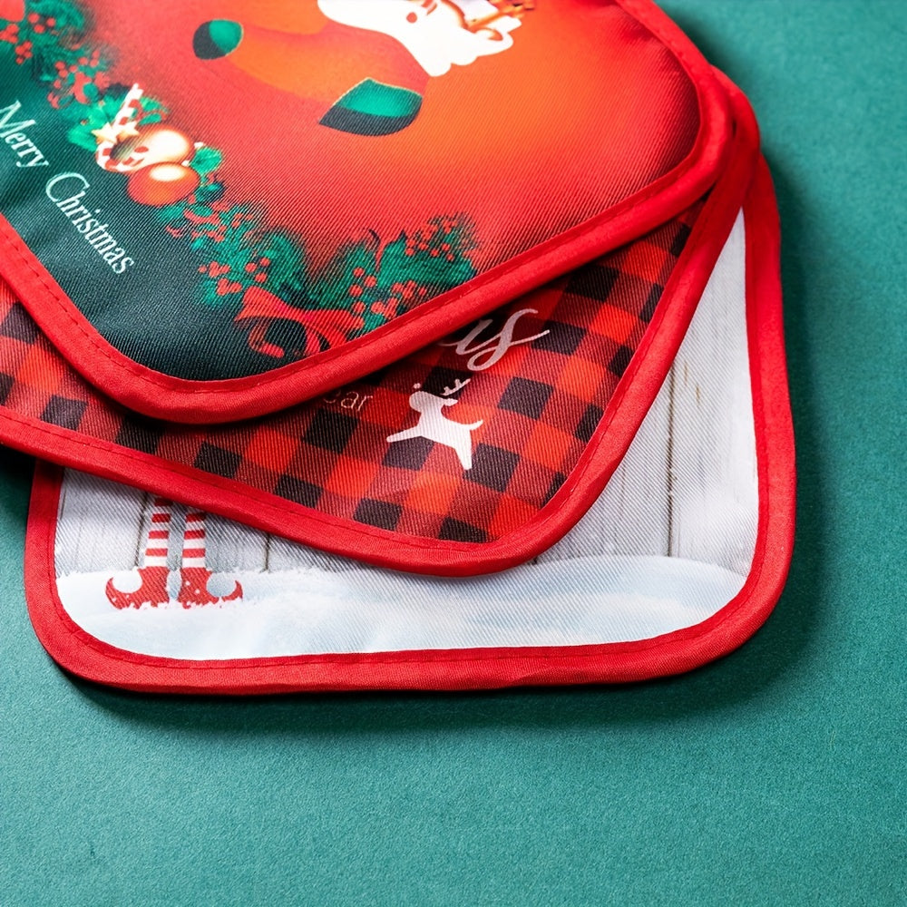 Set of 2 Christmas-themed kitchen oven mitts, made of thickened glass fiber gloves and heat-resistant pads. Perfect for festive cooking in the home kitchen, these accessories are non-food contact safe.