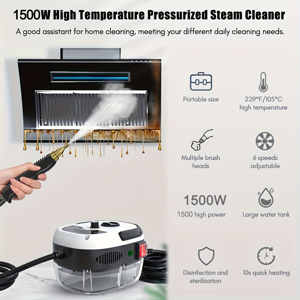 Steam cleaner for kitchen, bathroom, and range hood cleaning at high temperatures.