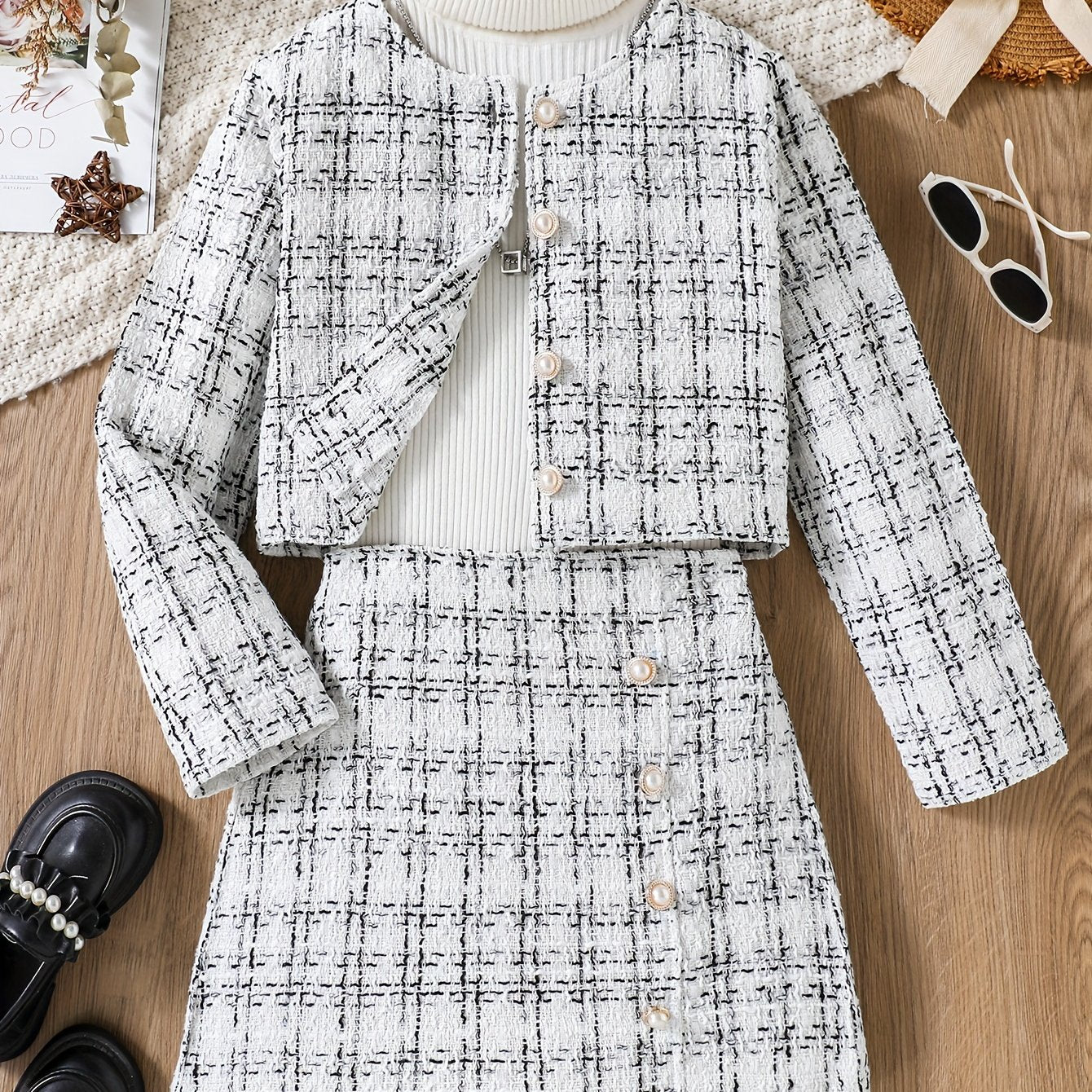 Elegant tweed knit plaid jacket and skirt set for girls, perfect for spring and fall outdoor wear