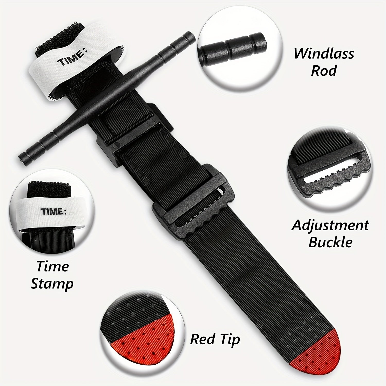 Black tactical tourniquet pack with self-adhesive metal buckle and single-handed windlass system for arterial control.