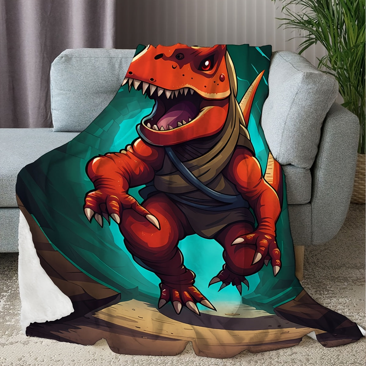 Stay cozy with the DinoDawn Cartoon Adventure Dinosaur Print Knitted Polyester Throw Blanket. This contemporary style blanket is perfect for all seasons, featuring a digital print design and soft, warm comfort. With a fabric weight of 200-250g, this