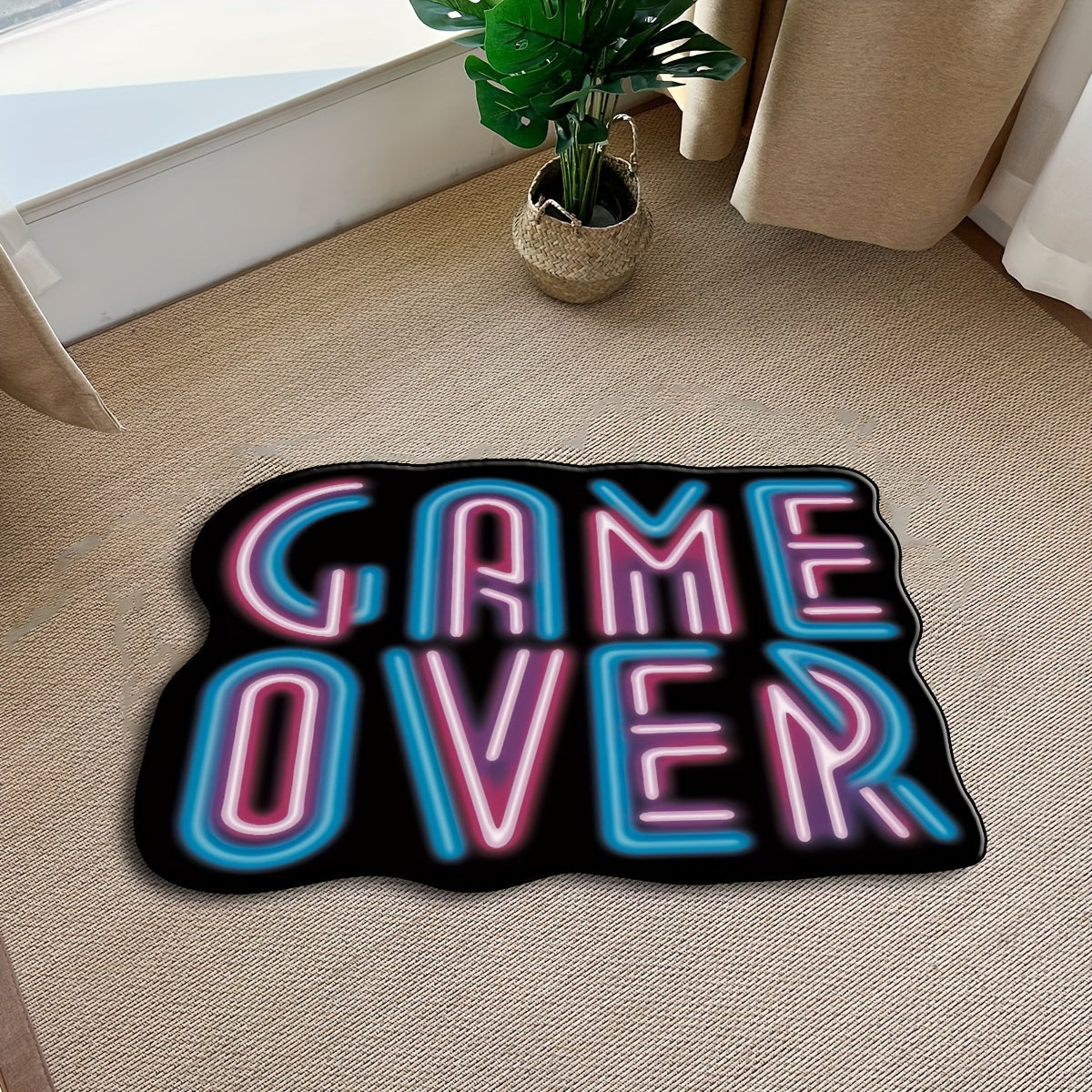 3D Fluorescent Lettering Area Rug with "Game Over" Design - Plush, Anti-Slip, Machine Washable Rug for Living Room, Bedroom, or Game Room - Illuminating Decorative Floor Mat