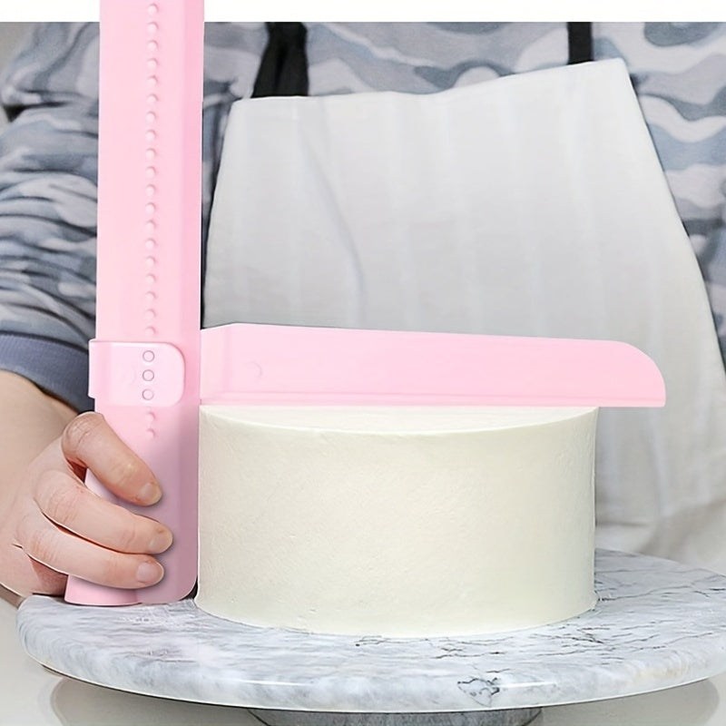 Cake decorating tool for achieving smooth edges and surfaces: Adjustable Height Cake Icing Spatula and Plastic Cake Smoother Scraper for Fondant Design.