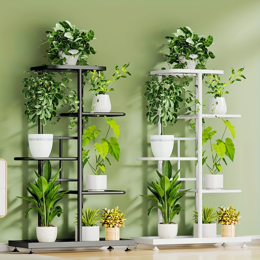 Iron plant stand with 5 layers for organizing and displaying flowers and pots in the home garden.