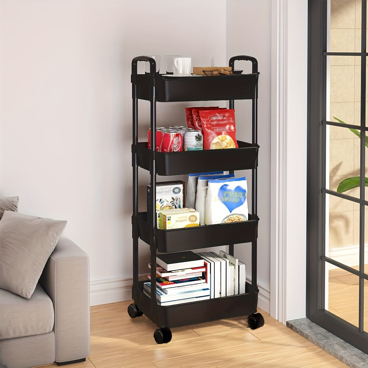 Black 4-Tier Plastic Rolling Utility Cart with Handle, Ideal for Office, Living Room, Kitchen, or Bedroom, Multi-Functional Storage Trolley on Wheels