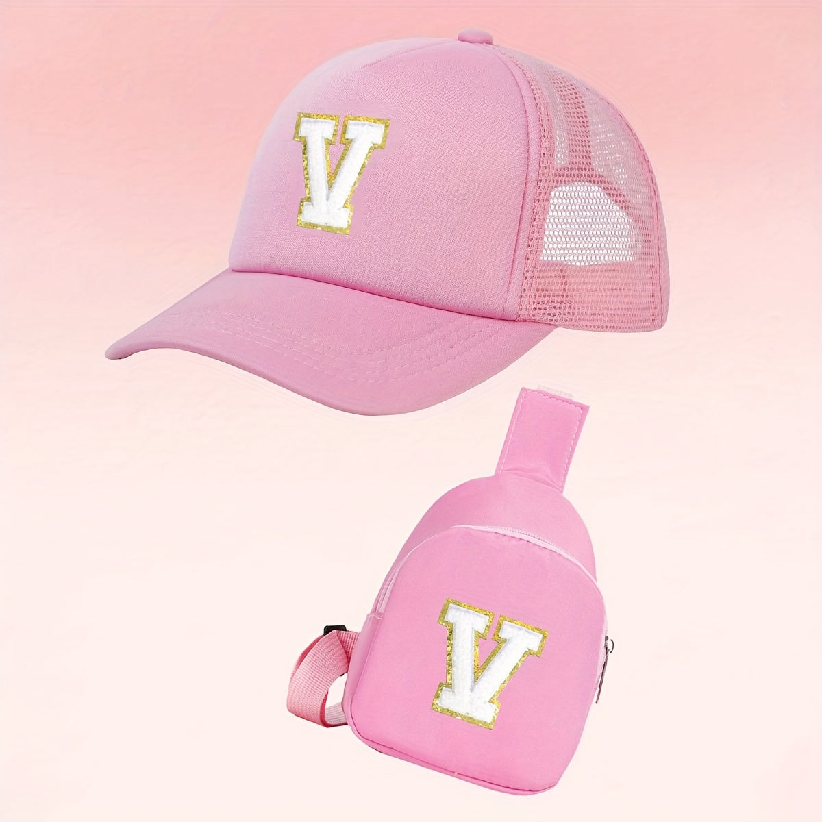 Alphabet-themed 2-piece set for girls includes a polyester baseball cap and bag, suitable for ages 3-14. Features a fitted, breathable design ideal for daily wear and special occasions