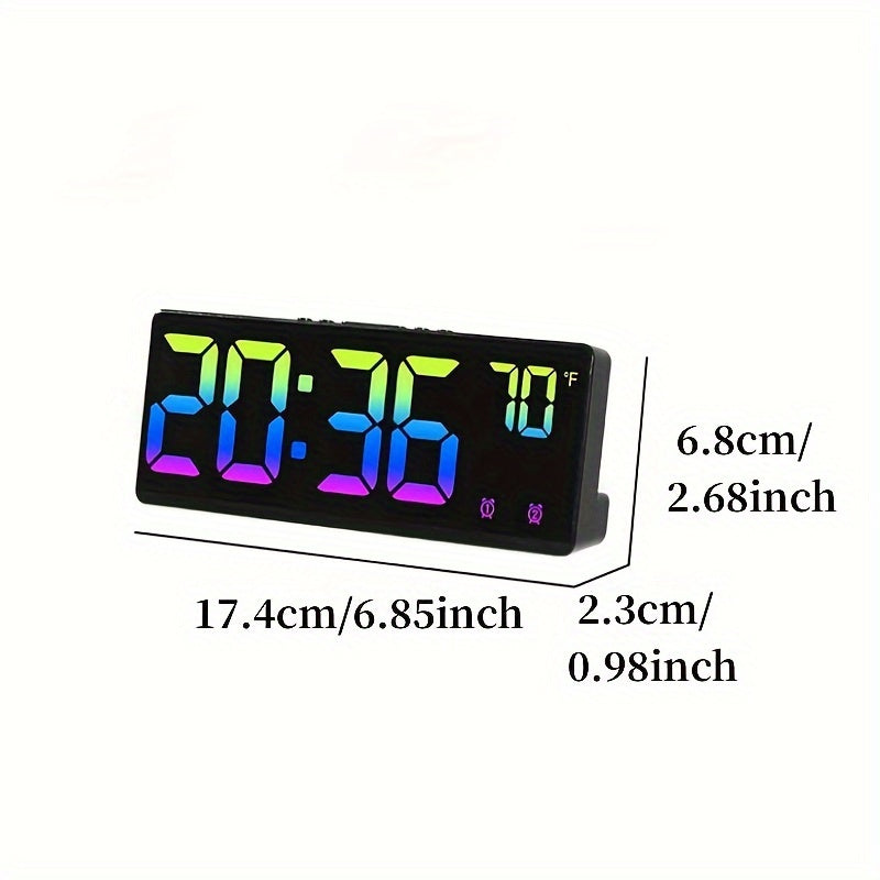 NieNie Digital Alarm Clock features voice control, dual alarm, night mode, adjustable brightness levels, snooze function, temperature and date display, USB powered, 12/24-hour time format, and a rectangular shape with a flat crown. The clock also has a