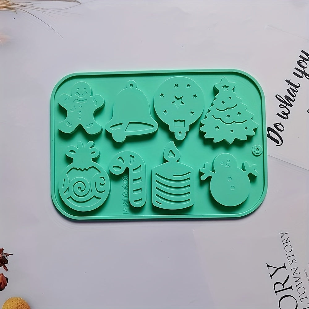 1 piece of Christmas Silicone Cookie Mold with 8 cavities, featuring shapes of Christmas tree, elk, bell, and snowman. This versatile mold can be used to make cakes, chocolates, biscuits, candies, jellies, and puddings. Perfect for creating festive