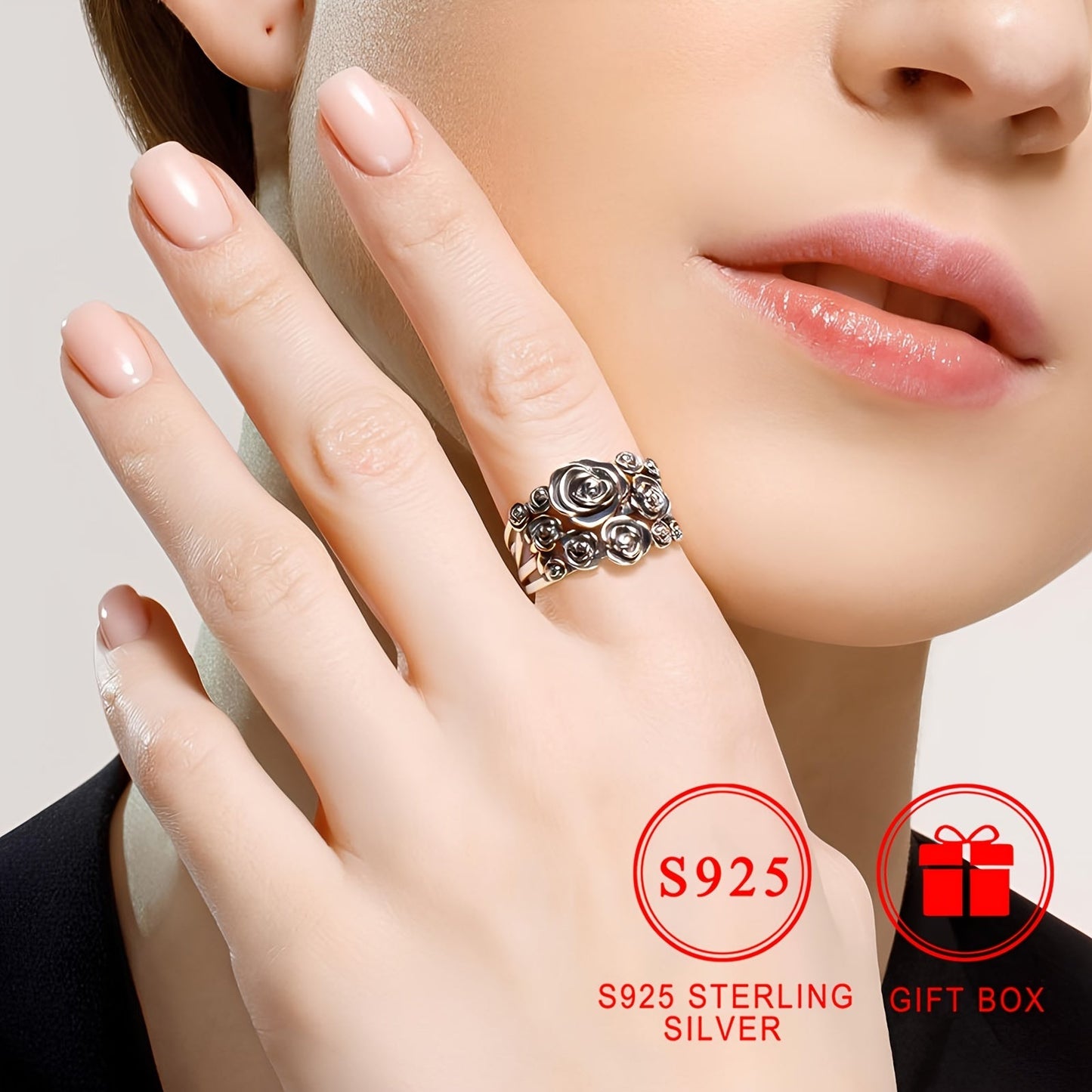 Hollow Rose Flower Ring: A vintage Bohemian style three-dimensional flower ring made of 925 sterling silver, perfect for daily wear or special occasions. Comes with a gift box, making it an ideal holiday gift.