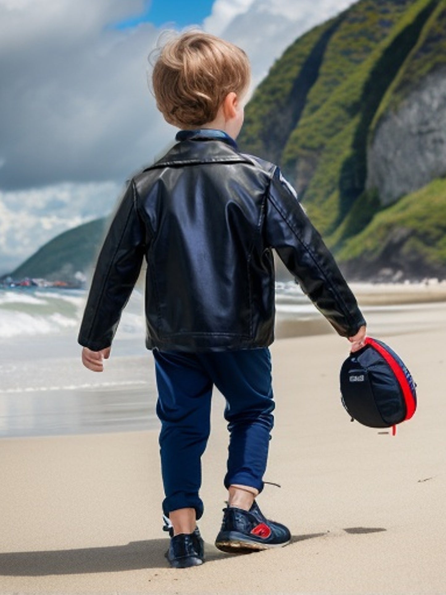 Stylish boys' motorcycle-inspired black jacket with zippered pockets, button closure, and belt detail for spring/fall.