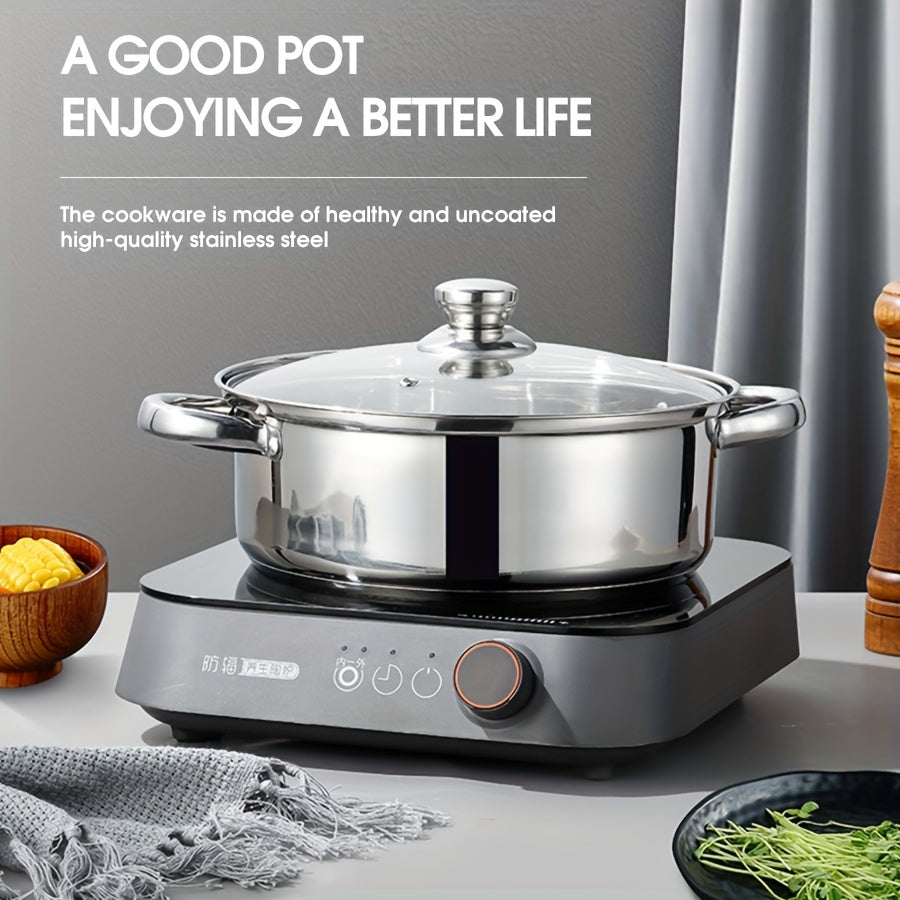 One-piece Stainless Steel Cooking Pot with Lid, featuring a 304 Dual Handle design for easy handling. Compatible with all stove types, this multipurpose hot pot offers a large capacity perfect for cooking soups, noodles, pasta, and seafood broth.