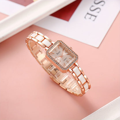 Chic square crystal luxury women's watch with minimalist design, quartz movement, zinc alloy strap, ideal Ramadan gift.