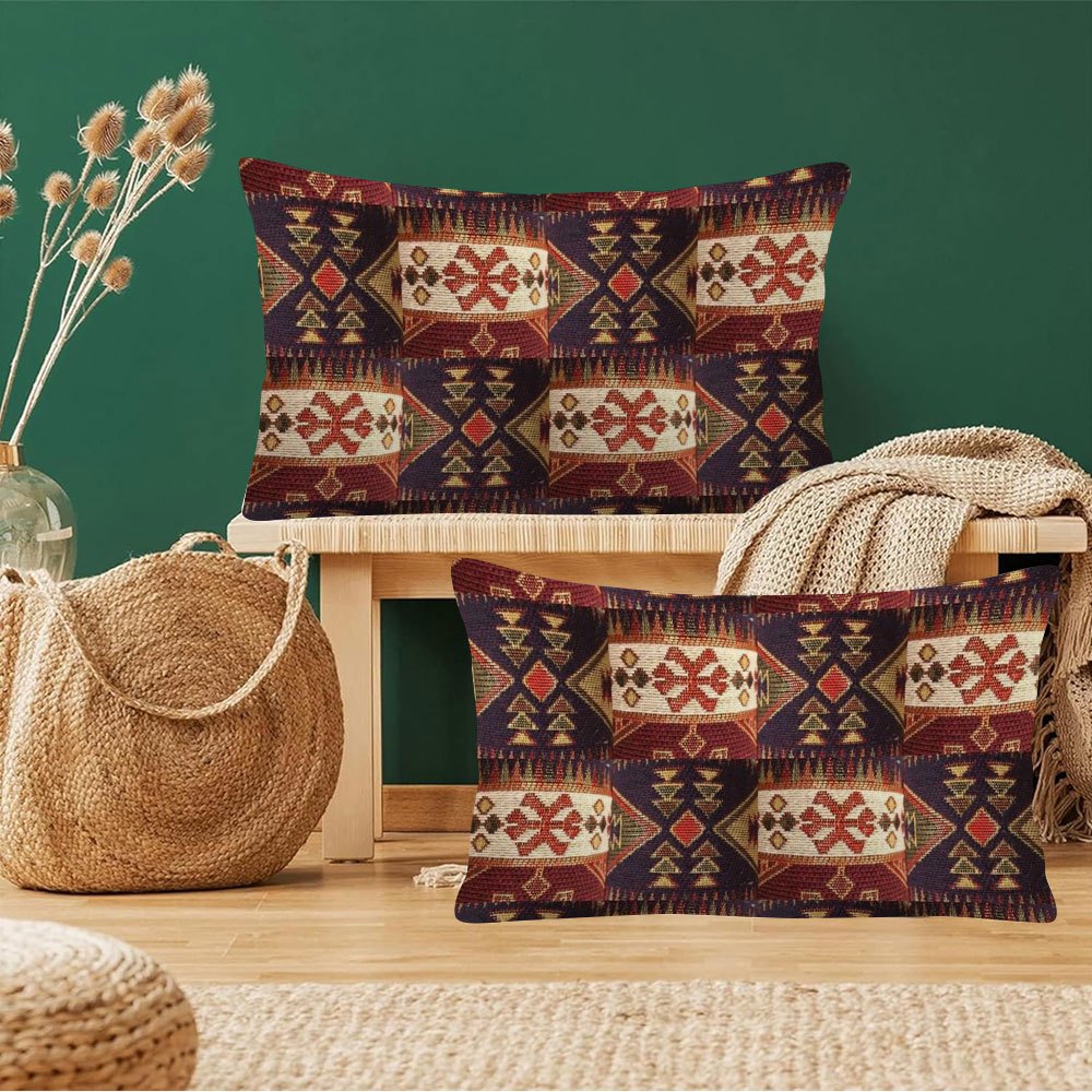 Two Boho Chic Double-Sided Ethnic Patchwork Throw Pillow Covers, measuring 30.48x50.8 cm - Made of Soft Short Plush for Sofa & Bedroom Decoration.