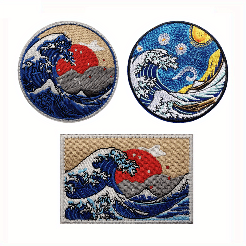 1 set of 3 Ukiyo-e embroidered stickers for men, featuring the Shennai Chuanda wave design. Perfect for decorating clothing such as jackets, jeans, trousers, backpacks, and caps.