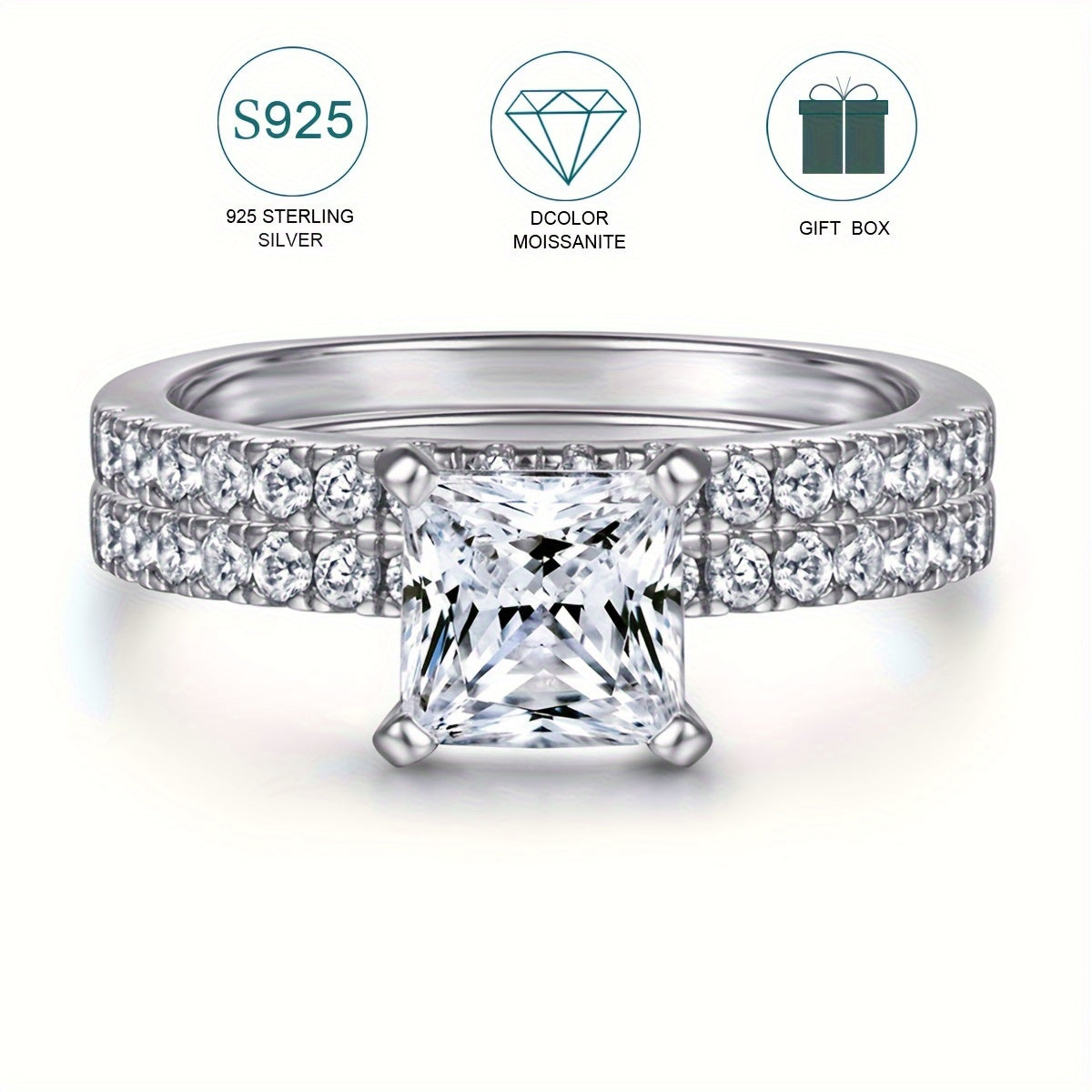 Hypoallergenic 925 Sterling Silver 1ct Moissanite Square Stacking Ring - Perfect for Women's Engagement, Proposal, or Wedding Band. Luxury Valentine's Day Gift Set includes Moissanite Certification and Exquisite Gift Box.