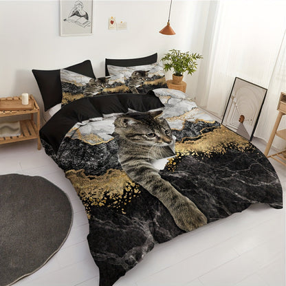 1 Cat & Marble Duvet Cover Set with Pet Cat Pattern Bedding Set featuring a Cute Kitten Printed Comforter Cover. Ideal for Boys, Girls, and Teens with an adorable 3D Animal Theme. The perfect Cat Lover's Gift includes 1 Duvet Cover and 1 or 2 Pillow